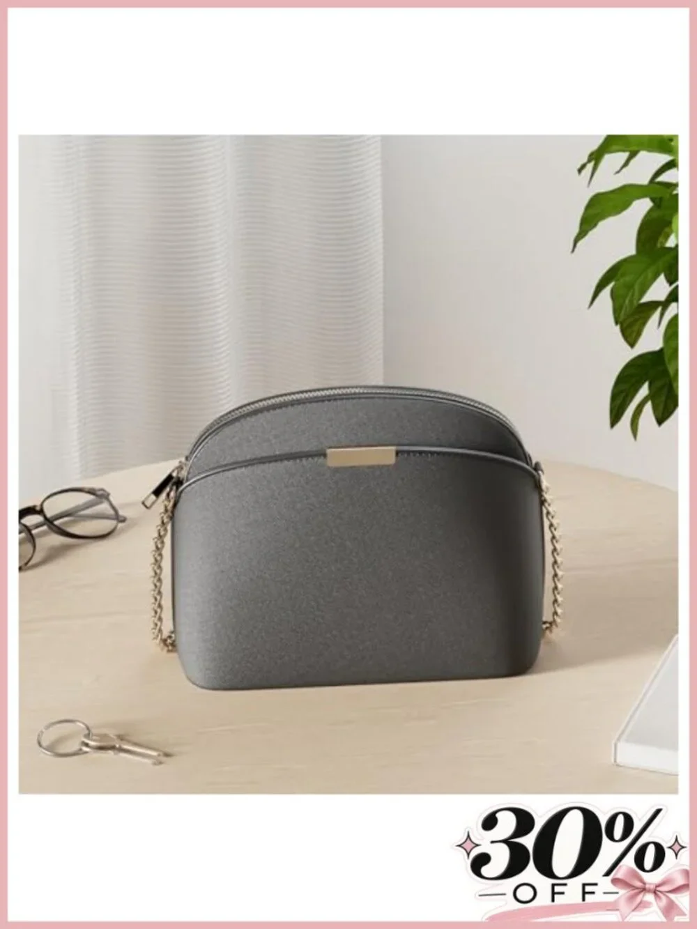 Small Dome Crossbody Bag with Chain Strap Faux Leather Adjustable